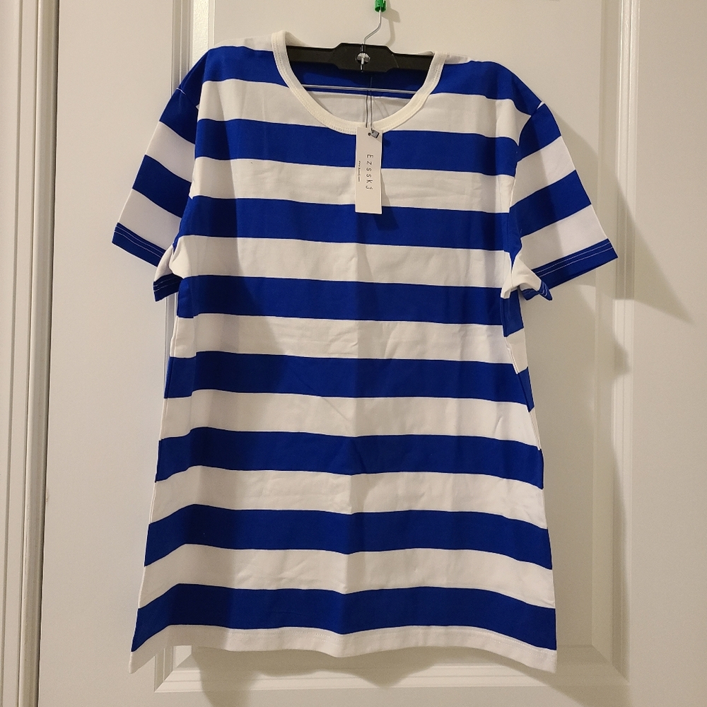 Women's striped top T-shirt, blue and white stripes, M